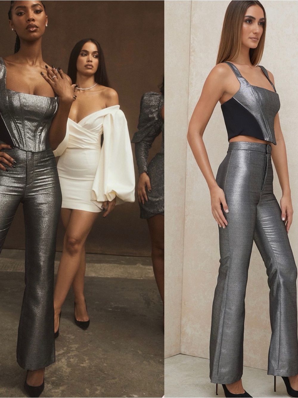 House of CB London Jas Silver Kick Flare Trousers Pants Size Medium